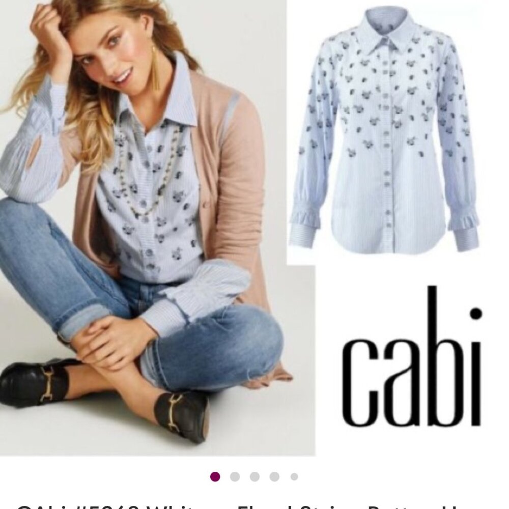 CABI Button-Up Blouse Top Women's Size Medium White Stripe Long Sleeve F…
